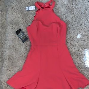 Bebe scallop flare dress mini coral pink high neck